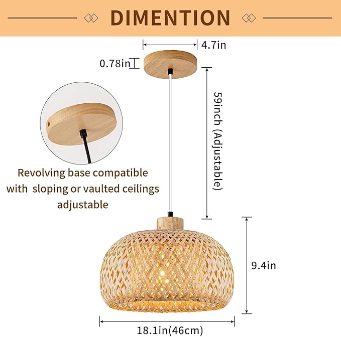 18inch Bamboo Rattan Pendant Lights, Hand-Woven Wicker Boho Hanging Ceiling Lights Fixture, Beige Pendant Lamp Rustic Farmhouse Chandelier for Kitchen Island, Dining Room, Bedroom, Living Room