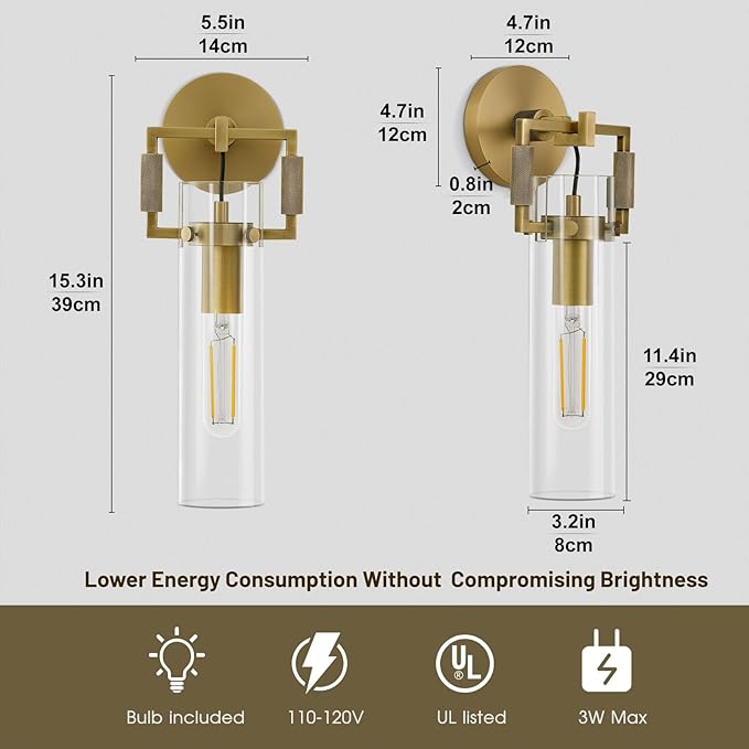 Modern Gold Glass Wall Sconces,15'' Knurled Brass Sconce, Bathroom Wall Sconce, Gold Bathroom Vanity Lights, for Living Room, Bedrooms, Fireplace, Staircases, Include Bulb