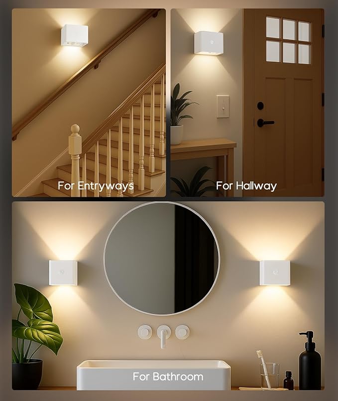 Battery Operated Wall Sconces Set of 2 for Living Room, Wireless Rechargeable Motion Sensor Wall Light with Remote for Bedroom, Bathroom, Hallway, Indoor Ambient Lighting (White)