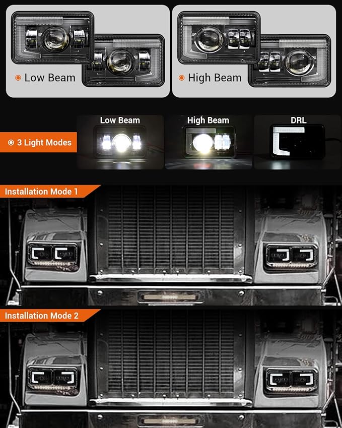 BICYACO DOT 120W 4x6 Inch LED Headlights DRL Rectangular Replacement H4651 H4652 H4656 H4666 H6545 Compatible with Peterbilt Kenworth Freightinger Ford Probe Oldsmobile Cutlass(4 PCS)