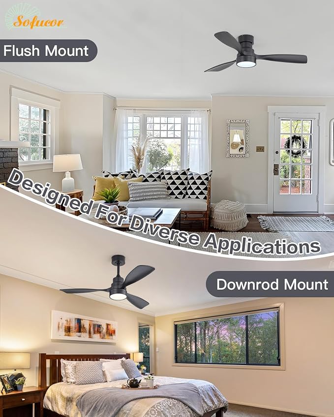 Sofucor 48 Inch Ceiling Fans with Lights and Remote Control-Modern Flush Mount & Downrod Mount Ceiling Fan for Bedroom Living Room Indoor Outdoor Farmhouse Patio, Timer Quiet DC Motor, Black&Walnut