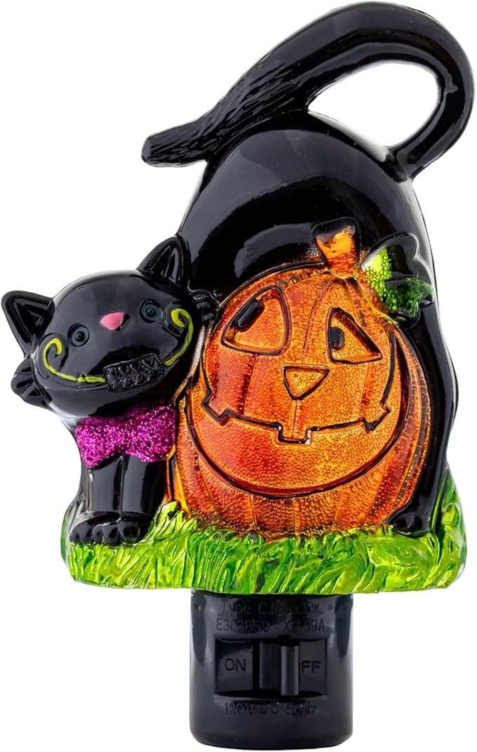 Novelty Lights LED Lamp Pumpkin with Black Cat Halloween Decoration Night Light with Swivel Plug