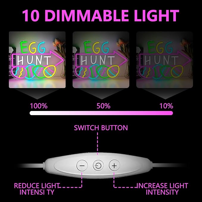 Easter Neon Sign for Wall Decor Easter Egg Hunt Led Sign Easter Decorations Dimmable Eggs Neon Light Up Signs for Egg Hunt Game Backdrop Window Party Gifts Bedroom Holiday Spring Bar Home
