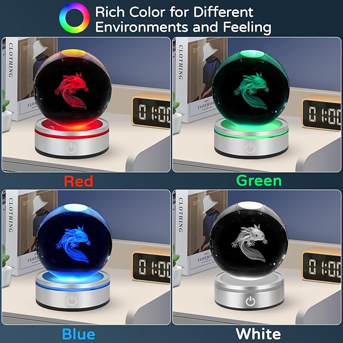 3D Axolotl Crystal Ball Night Light With LED Colorful Light Touch Base 3.15 In Glass Ball Lamp for Birthday Christmas, Cool Toy Gift for Boys Girls Kids Axolotl Figurines Home Decor