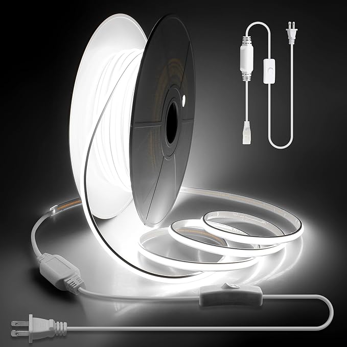 Aclorol 150FT Outdoor White LED Strip Lights Waterproof AC 110V 120V IP68 COB LED Rope Light for Outside with Self-Adhesive for Patio Yards Garden Lighting Decoration Cold White 6000K