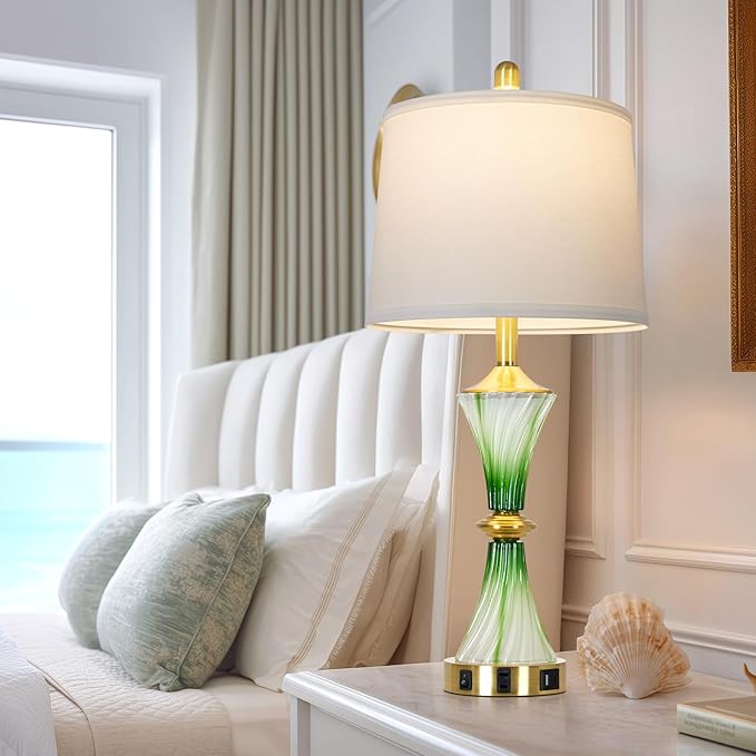 Green Glass Table Lamp Set of 2 with USB C+A Ports & AC Outlet, Bedside Lamp, Modern Bedroom Lamps, Coastal Lamp for Night Stands Bedroom Living Room,Nightstand Lamp LED Bulbs Included