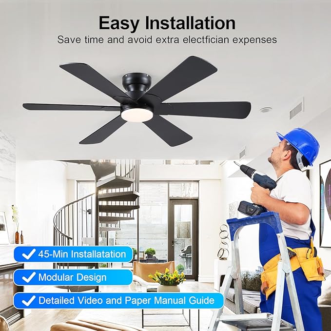 BayDay 52 inch Ceiling Fans with Lights, Black Ceiling Fan with Remote APP, Dual-Sided Modern/Rustic 6 Blades, Reversible, 3CCT, Flush Mount Low Profile Ceiling Fan with Lights Bedroom Kitchen Indoor