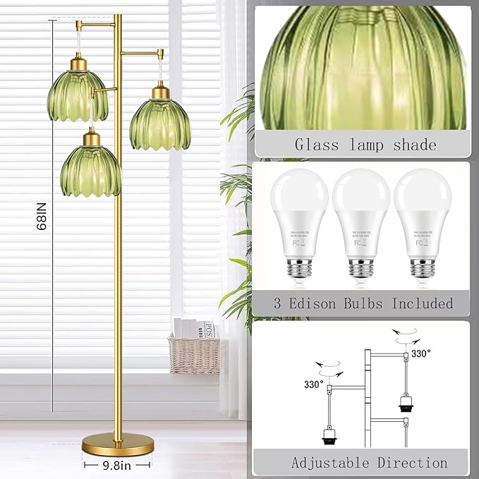 Glass Floor Lamp for Living Room,Bedroom,Gold Mid Century Modern Standing Lamp Brass Tree 3 Light Tall Floor Lamps Vintage Floor Lights Green Tulip Flower Lamp Shade Farmhouse Boho Bohemian