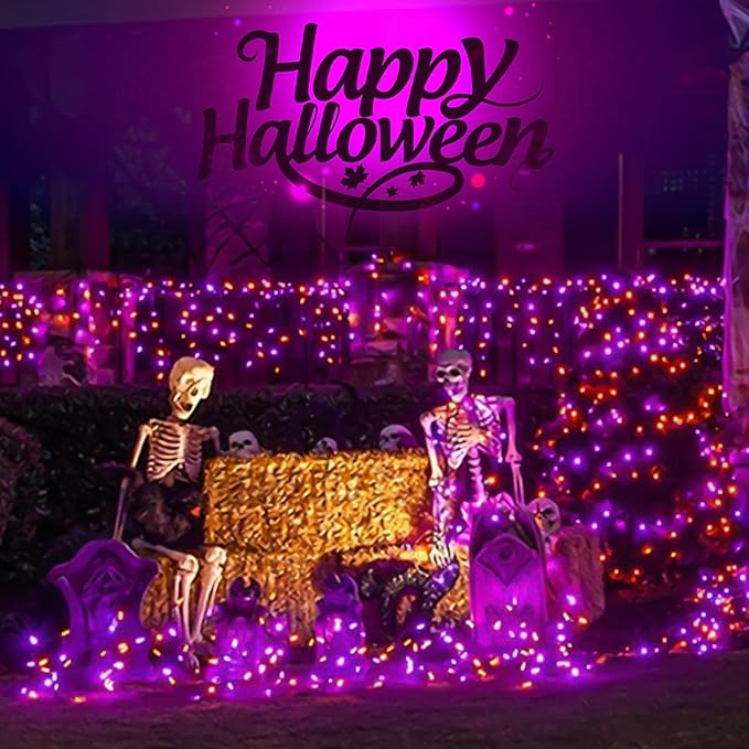 Orange Purple Halloween String Lights Outdoor 100LED Battery Operated Fairy Lights with Waterproof Remote Timer String Lights for Garden Party Holiday Halloween Décor