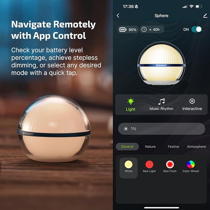OLIGHT Sphere Smart Night Light, 75 lumens Stepless Dimming Table Lamp with Remotely APP Control, Magnetic Rechargeable RGB Ambient Lighting for Sleeping, Reading, and Relaxation