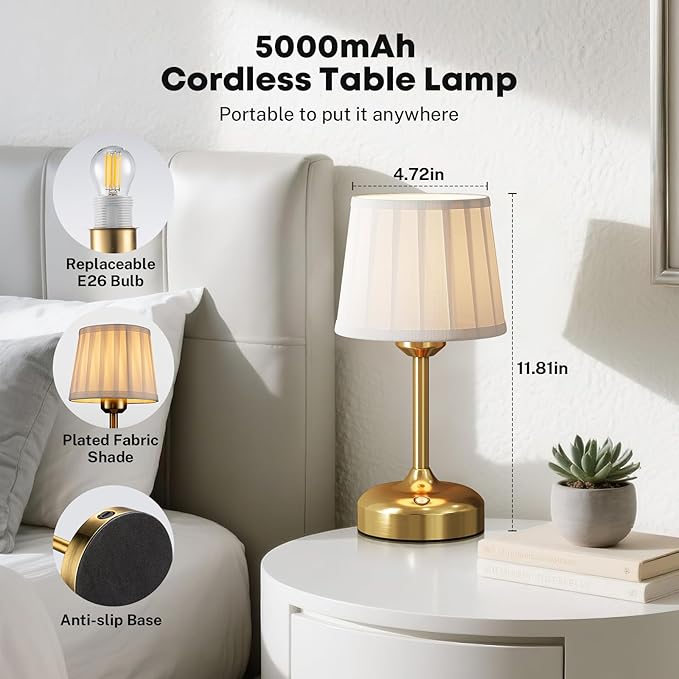 Mini Cordless Table Lamp, Small Table Lamp 5000mAh Rechargeable Table Lamp Battery Operated Touch Lamp Fabric Shade Stepless Dimmable Bedside Lamps for Bedroom, Living Room, Dining Room