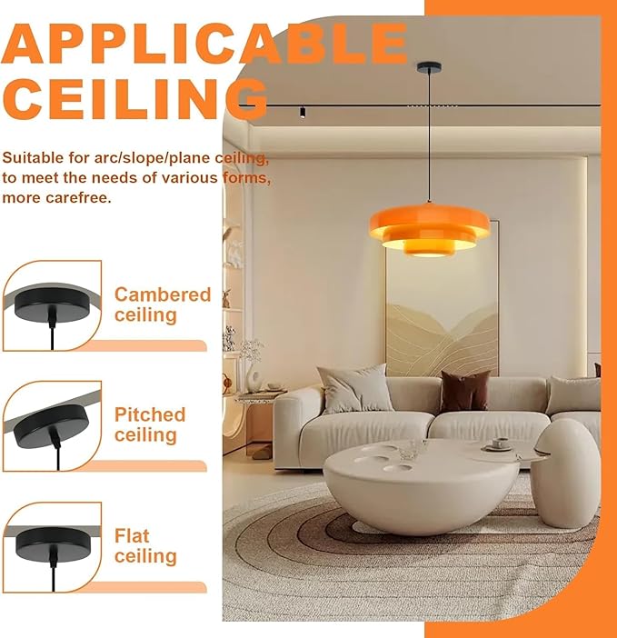 19.7" Large Mid Century Chandelier, 3-Tier Orange Metal Shade Pendant Light, Industrial Adjustable Ceiling Hanging Fixture for Dining Room, Hallway, Bedroom