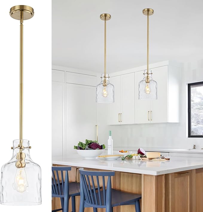 WILON Pendant Light Fixtures,Glass Pendant Lighting for Modern Kitchen Island Adjustable Hanging Ceiling Light 7" Hammered Glass Shade Pendant Lights for Dining Room Kitchen Sink, Gold Metal Finish