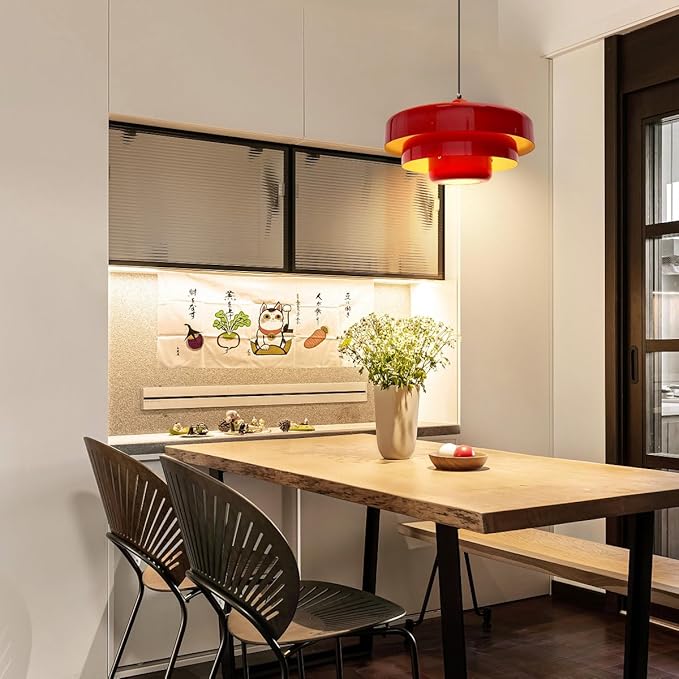 Red Pendant Light, Industrial Metal Pendant Light Fixtures, 3-Layer Shade Design, 13.8-inch Dome, Red Finish, Kitchen Light Fixtures for Dining Table