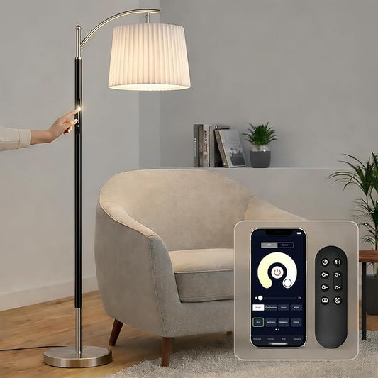 Etto Modern Dimmable Floor Lamp with Fabric & Pleated Shades, Remote & Touch Control, Adjustable Brightness & Color Temperatures, Tall Standing Lamp for Living Room Bedroom Office (Black Nicke)
