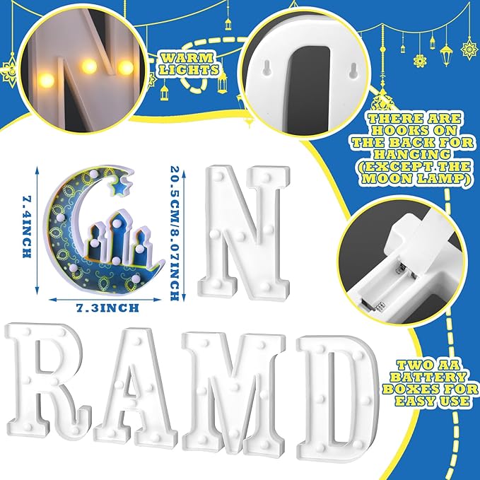 8 Pcs Large Ramadan Decorations LED Letter Sign Ramadan Mubarak LED Lights Battery Powered Table Decorations for Eid Home Party Supplies