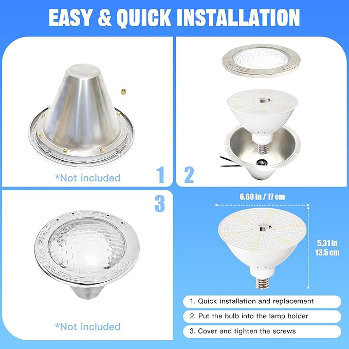 JTT Pool Lights for Inground Pool-LED Pool Light Bulb for Above Ground Swimming Pool-35W(600W Eq.) 6500K 120V Spa Light Bulb E26 Base, Multi-Color & Adjustable with Remote Control - 2Pack