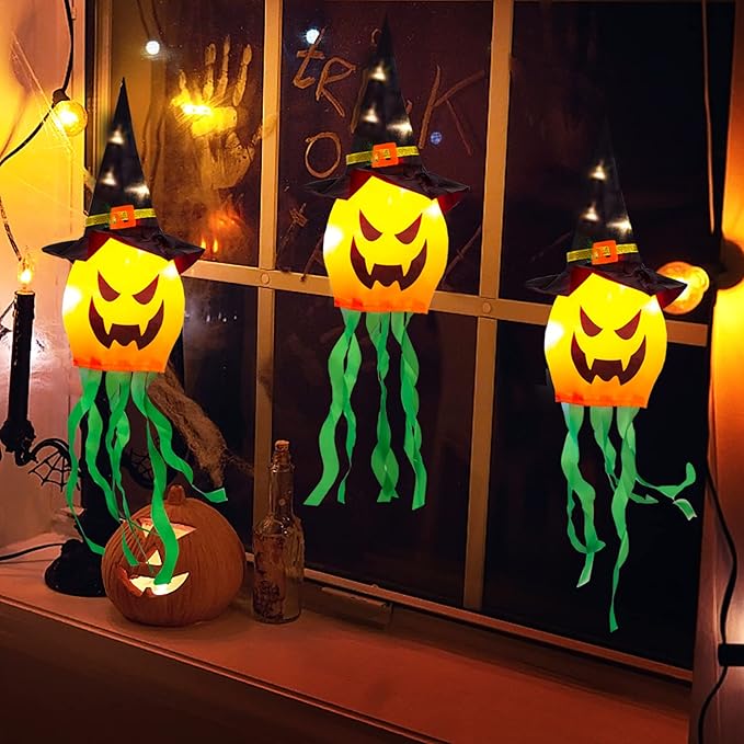 Halloween Decorations Outdoor Hanging Lights Decor Glowing Pumpkin Witch Hat Led Lighted Up Scary Orange Decoration for Indoor Outside Party Tree Garden Porch Ornament (3 Pcs)
