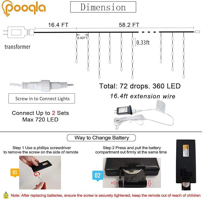 Pooqla Color Changing Icicle Lights with Remote, 35 Colors Christmas Icicle Lights, 360 LED 58.2FT RGB Waterproof Hanging String Lights for Roof Window Home Party Easter Outdoor Decor