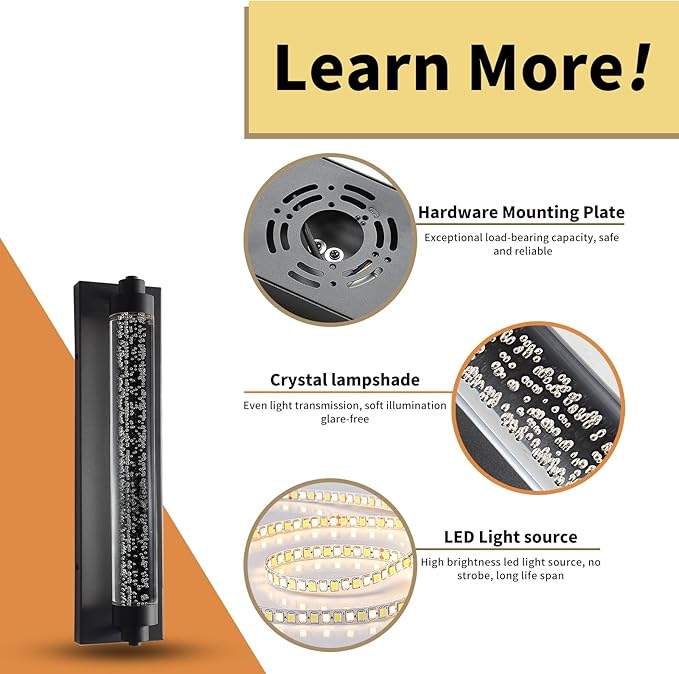 LED Porch Outdoor Wall Lights, 15.7inch Bubble Crystal Waterproof Modern Wall Sconce, 3000K-6500K Dimmable Minimalist Exterior Light Fixtures for House, Garage, Patio, Bathroom, Indoor