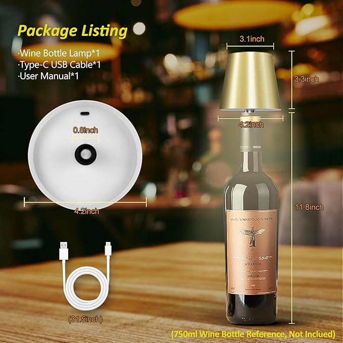 2025 New Wireless Bottle Lamp - LED Bottle Lights for Liquor & Wine Bottles, Cordless Lampshade, Whiskey Bottle Top Light, Bottle Stopper Night Light Kit, Rechargeable 3-Tone Touch-Dimmable
