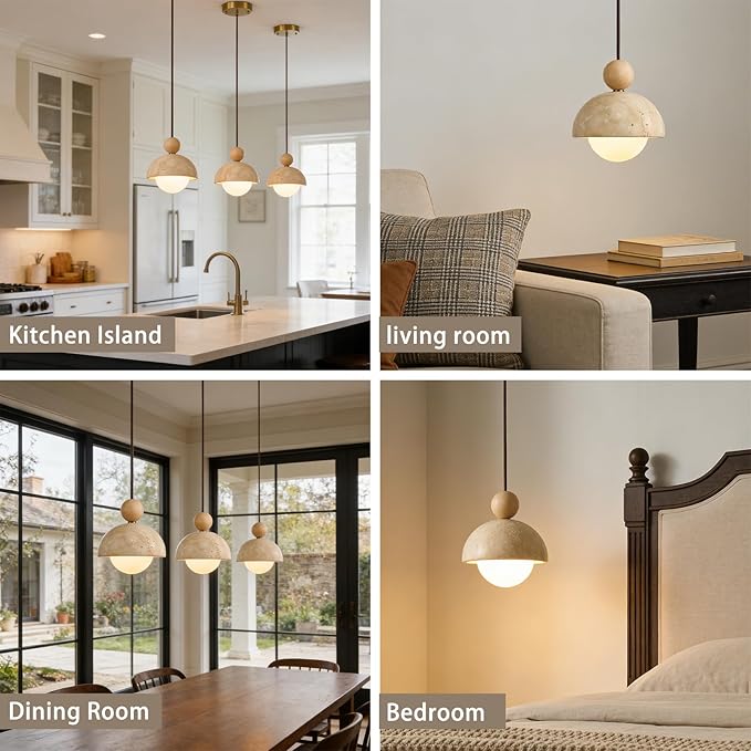 Wabi Sabi Travertine Pendant Light, 7.1 inch Natural Stone & Wood Hanging Lamp for Kitchen Island, Hallway, Bedroom, Dining Room Ceiling Decor (G9 Bulb, Stone Round, 1pcs)