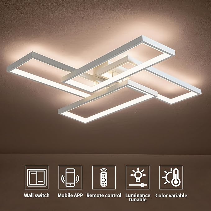 Modern LED Ceiling Light Fixture White Flush Mount Ceiling Light Dimmable 26" Bedroom Lights for Ceiling with Remote Control 48W Kitchen Ceiling Light Fixtures for Hallway 3000K-6000K