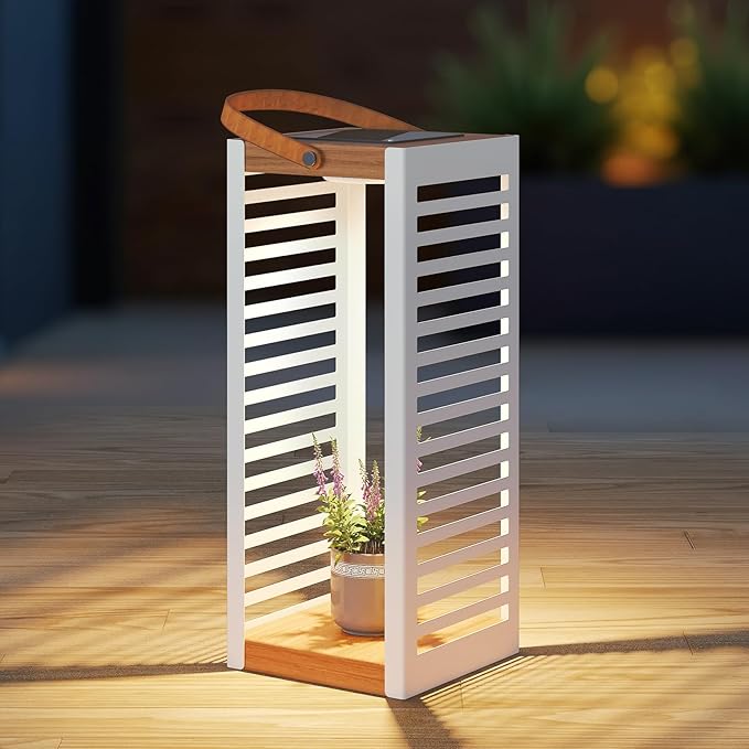 Solar Yard Outdoor Floor Lamp Solar Powered Light, Patio Waterproof Metal Solar Lantern with Handle, Plant Decor for Patio, Yard, Porch, Large White
