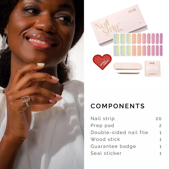 NAILOG Semi Cured Gel Nail Strips 20 Pcs | Buy 2 Get 1 UV Lamp | Extra Long Nail Wraps with Glossy Finishing | Dazzling Rainbow