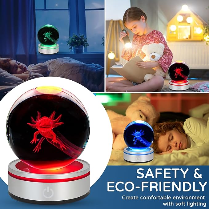 3D Axolotl Crystal Ball Night Light With LED Colorful Light Touch Base 3.15 In Glass Ball Lamp for Birthday Christmas, Cool Toy Gift for Boys Girls Kids Axolotl Figurines Home Decor