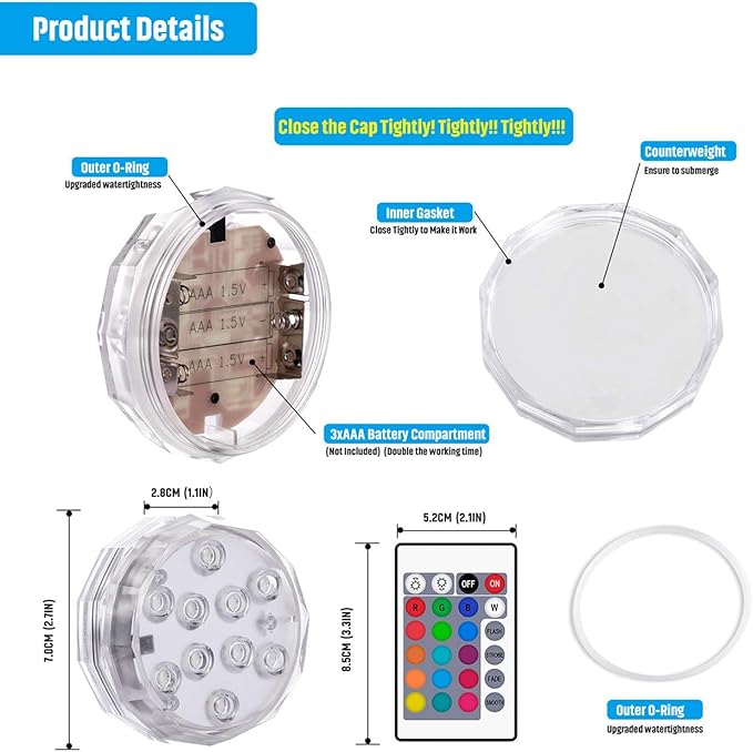 Submersible Led Pool Lights - Waterproof Underwater Pond Light Remote Battery Powered Remote Controlled Color Changing Shower Lights for Pool Vase Spa Party Hot Tub 4 Pack
