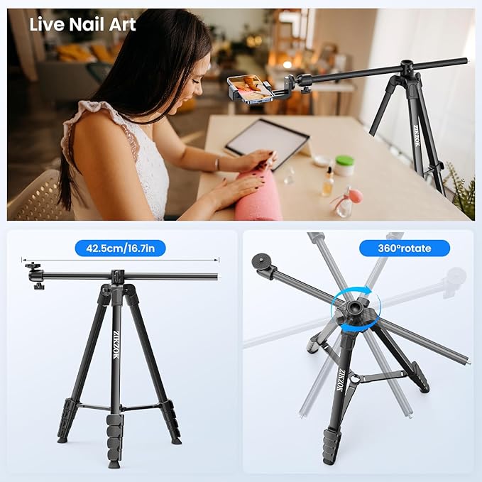 70" Phone Tripod & Selfie Stick, Horizontal Overhead Tripod, Extendable Camera Cell Phone Tripod Stand with Wireless Remote and phone Holder for Filming Video Recording Live Stream