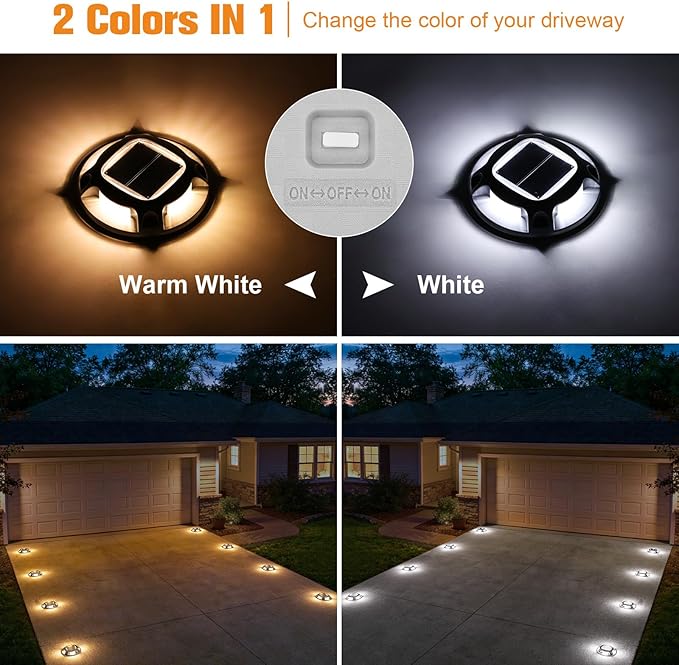 VOLISUN Solar Driveway Lights Dock Marine Lights 4 Pack,2 Colors in 1,Outdoor IP67 LED Deck Light,Solar Powered Waterproof Warning Step Light for Driveway Sidewalk Pathway (White/Warm White)