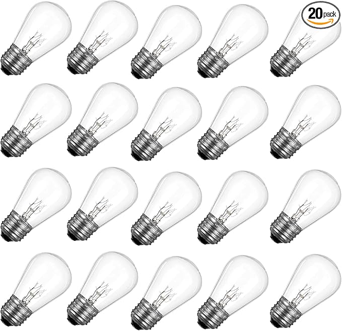 S14 Replacement Bulbs, 120V 11W Clear Glass Light Bulbs fits E26 Medium Standard Base, S14 Incandescent Bulbs for Indoor Outdoor Patio Decor String Lights, Warm White. 20 Pack