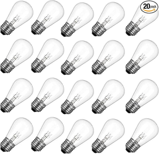 S14 Replacement Bulbs, 120V 11W Clear Glass Light Bulbs fits E26 Medium Standard Base, S14 Incandescent Bulbs for Indoor Outdoor Patio Decor String Lights, Warm White. 20 Pack