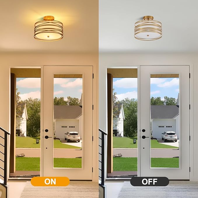 Drum Semi Flush Mount Ceiling Light Fixture Vintage 12.2“ Modern Farmhouse 2-Lights Linen Drum Ceiling Lighting Rustic Golden Ceiling lamp for Dining Room, Bedroom, Laundry Room, Basement