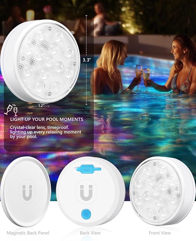 SUNDISC 3000mAh Rechargeable Submersible Pool Lights, IP68 Waterproof Underwater Charging Battery Operated Controlled 16 Color Changing LED with Magnet Floating Lights 1 Pack