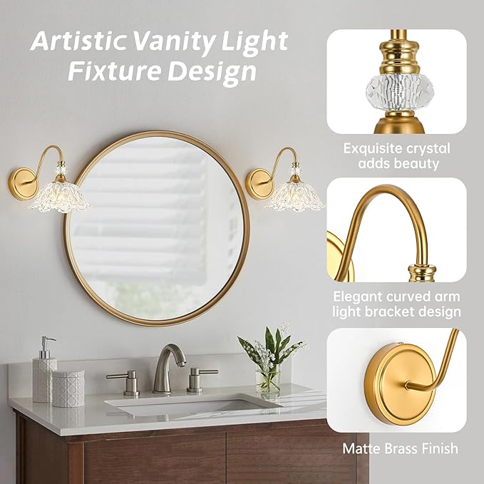 1 Piece Vintage Wall Sconce with Floral Clear Glass Shade, Matte Brass Finish Wall Mount Lighting for Bathroom,Vintage Bathroom Vanity Light Fixtures