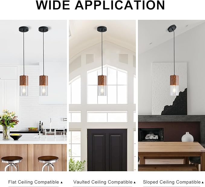 Modern Pendant Lights for Kitchen Island, Adjustable Pendant Light Fixtures with Brown Wood Grain, Industrial Clear Glass Pendant Lights for Dining Table Hallway Bedroom Living Room,1 Pack
