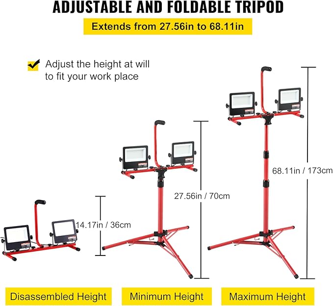 VEVOR LED Work Light with Stand, 2PCS 10000 Lumen Dual-head LED Work Light with 27.6"-68.1" Adjustable and Foldable Tripod Stand, IP65 Waterproofed LED Tripod Work Light, with 5000 K Color Temperature