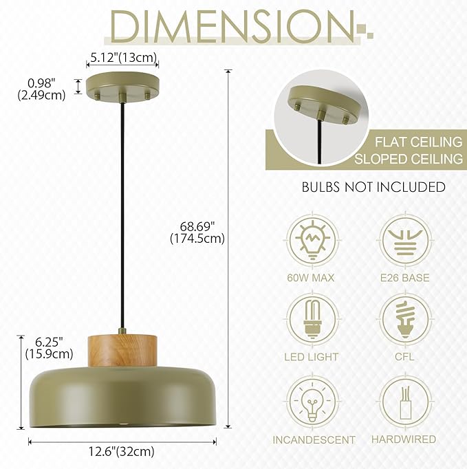 Modern Pendant Lights,12.6 inch,Naturl Wood,Adjustable Simple Pendant Lighting for Kitchen, Dining Room, Olive Green