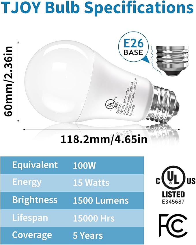 TJOY LED Light Bulbs, 100 Watt Equivalent A19, 5000K Daylight LED Bulb, 15W Bright White Energy Saving Lightbulbs with E26 Standard Base, 1500 Lumens Non Dimmable Lamp for Home Bedroom Indoor, 12 Pack