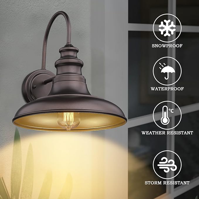 Outdoor Barn Light Fixture Farmhouse Wall Mount Light Gooseneck Wall Sconce Exterior Wall Lighting Fixture Industrial Bronze Finish Lantern for Porch with Gold Interior, 1Pack, RZ004 ORB