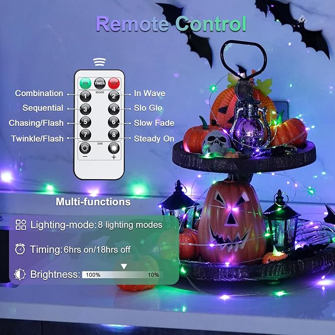 JMEXSUSS Copper String Lights, Purple and Green, 2 Packs, Total 66ft 200 LEDs