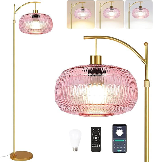 Pink Floor Lamp for Living Room,Bedroom,Gold Dimmable Standing Lamp with Remote,Mid Century Modern Brass Tall Lamp Boho Floor Lamps Arc Stained Glass Flower Floor Light Lamp Girls kids Bohemian