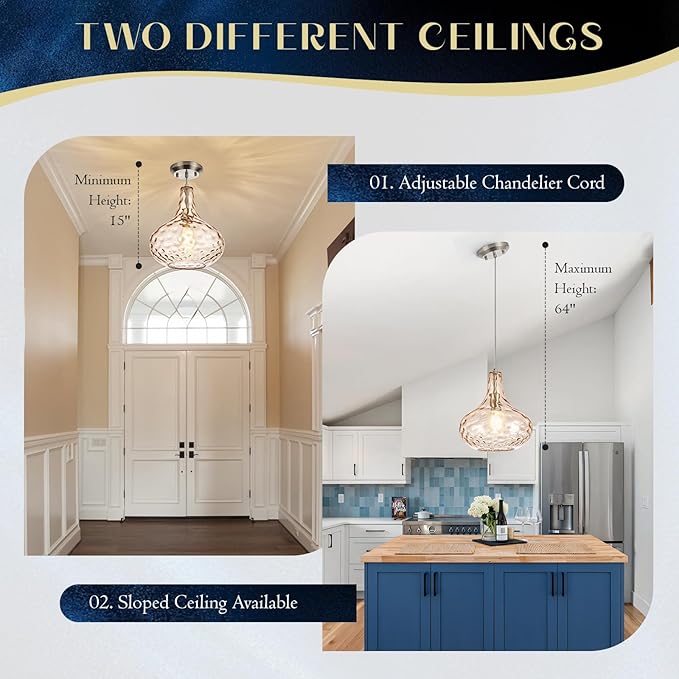 11" Amber Hammered Glass Pendant Light – Brushed Nickel Finish, Adjustable Hanging Cord, Modern Farmhouse Ceiling Light for Kitchen Island, Dining Room, Hallway