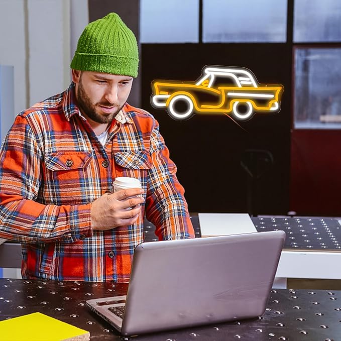 Car neon sign, Golden Yellow + White Led Signs USB Powered,For Bedroom Salon Bar Gym Garage Carpark Decor, Retro Car Led neon light sign(17.1x7.3in)