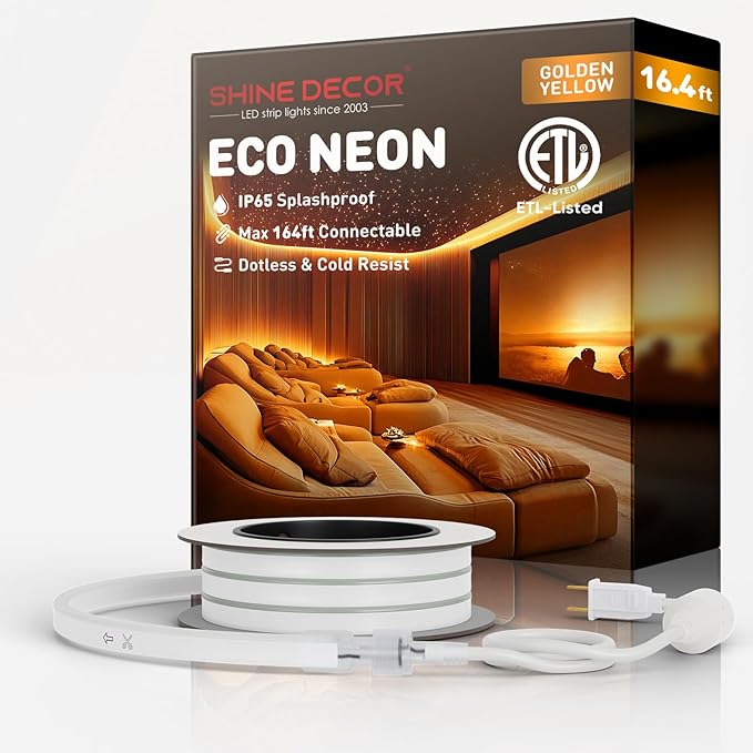 Shine Decor LED Rope Lights AC 120V, Connectable & Cuttable Dotless 120LEDs/M Eco Neon Strip Lighting, ETL IP65 Waterproof & Weather-Resistant for Home Commercial, 8x16mm, Gold, 16.4FT