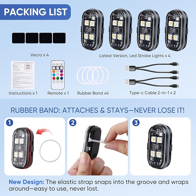 Upgraded 4LEDs 4PCS Wireless LED Strobe Lights with Remote Control, 8 Colors Type-C Rechargeable Led Lights Anti Collision Warning Light for Car Motorcycle Bike Drone Aircraft