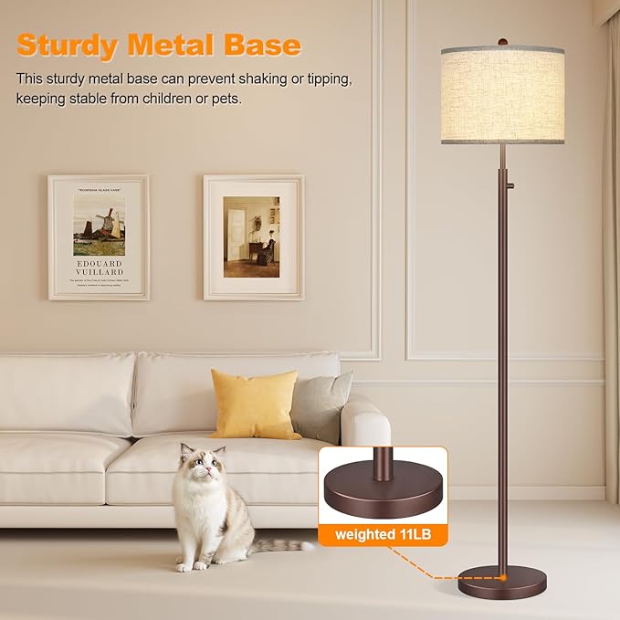 Nintiue 【Upgraded】 Dimmable Floor Lamp for Living Room, 11W LED Bulb Included, Modern Standing Lamp, Tall Pole Light with Linen Shade for Bedroom Reading Office Corner Nursery-Matte Brown